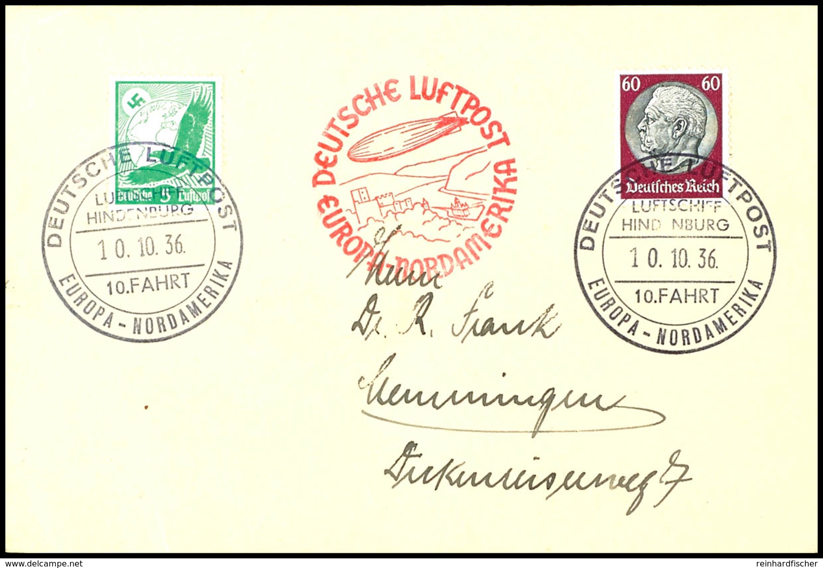 1936, 10. Nordamerikafahrt, Bordpost Der Rückfahrt Vom 10.10., Karte Mit 60 Pfg. Hindenburg Und 5 Pfg. Flugpost, Pracht, - Altri & Non Classificati