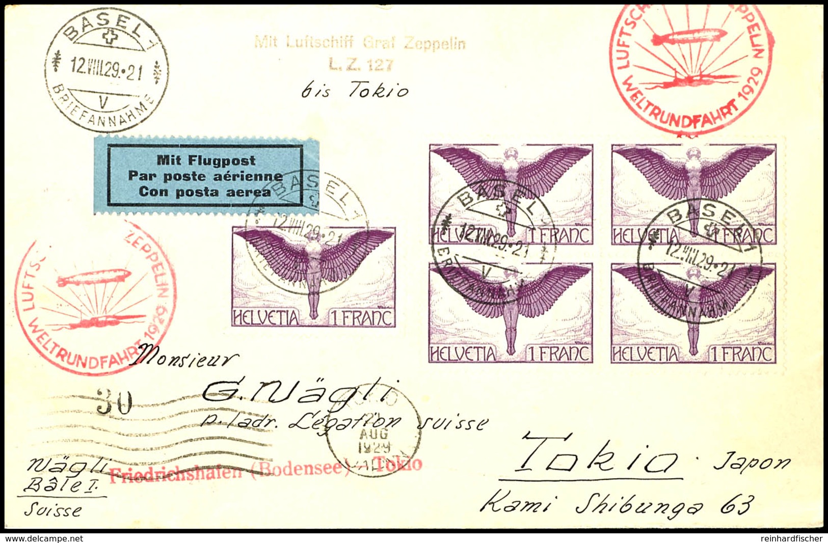 Schweiz: 1929, Weltrundfahrt, Friedrichshafen - Tokio, Brief Aus BASEL 12.VIII. Mit Mehrfachfrankatur 1 Fr. Flugpost (5) - Altri & Non Classificati