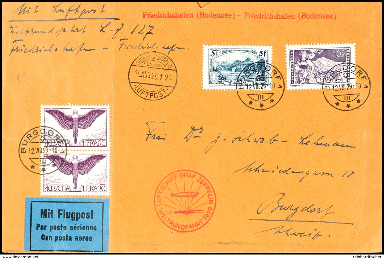 Schweiz: 1929, Weltrundfahrt, Friedrichshafen - Friedrichshafen, Großformatiger Brief Aus BURGDORF 12.VIII Mit Hoher Fra - Other & Unclassified