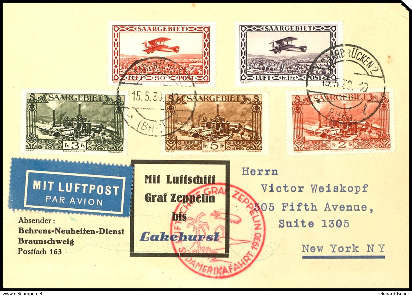 Saarland: 1930, Südamerikafahrt, Auflieferung Friedrichshafen Bis Lakehurst, Vordruckkarte Mit Beidseitiger Guter Franka - Altri & Non Classificati