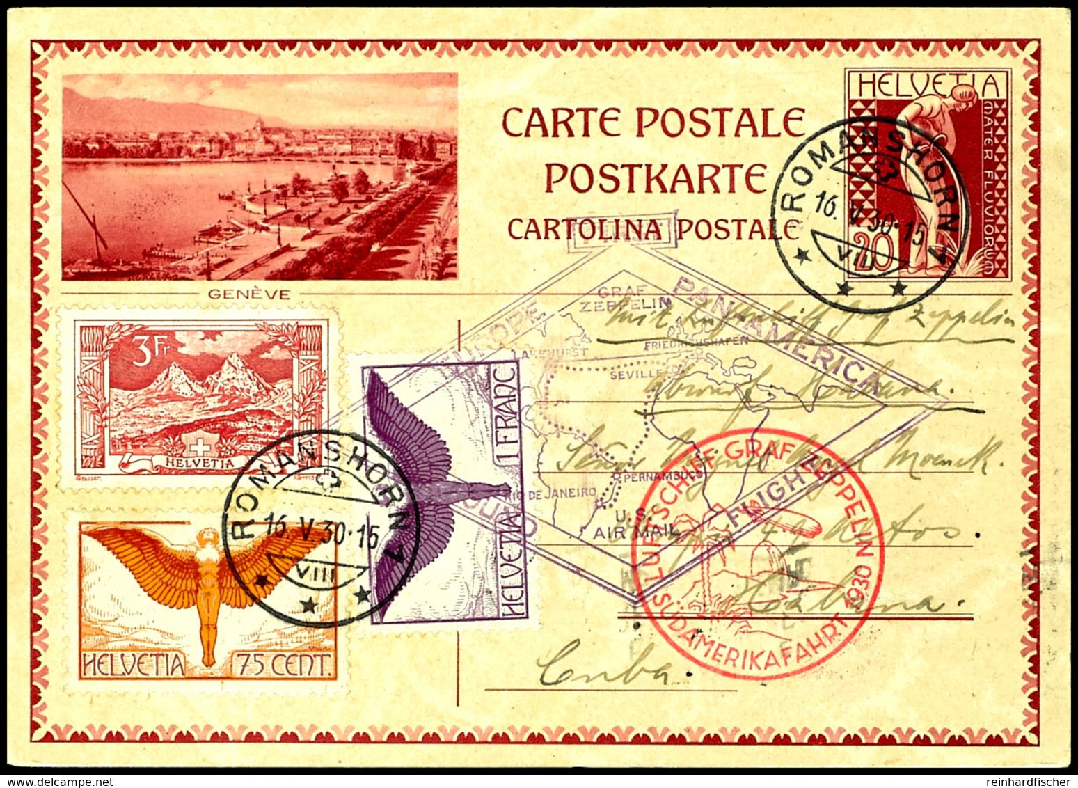 Schweiz: 1930, Südamerikafahrt, Aufgabe Friedrichshafen Bis Havanna, 20 C. Bild-Ganzsachenkarte Mit Hoher Zufrankatur (u - Other & Unclassified