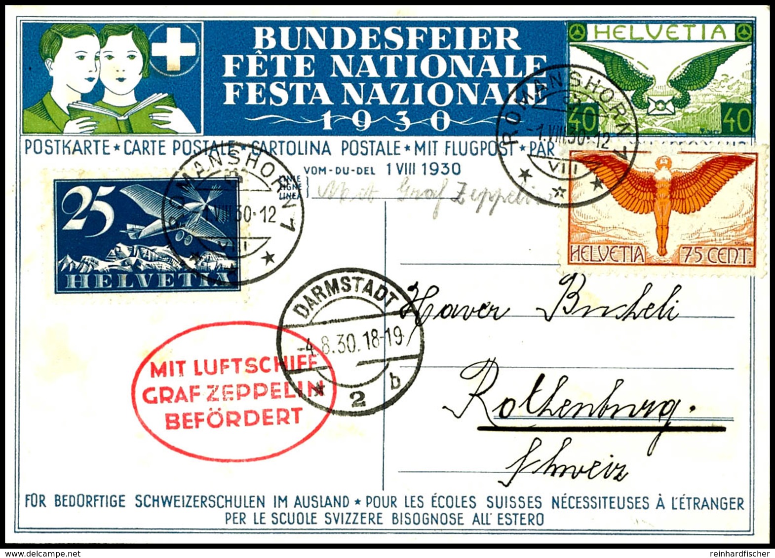 Schweiz: 1930, Landungsfahrt Nach Darmstadt, 40 C. Flugpost-Sonderganzsachenkarte Mit Flugpost-Zufrankatur Aus ROMANSHOR - Altri & Non Classificati