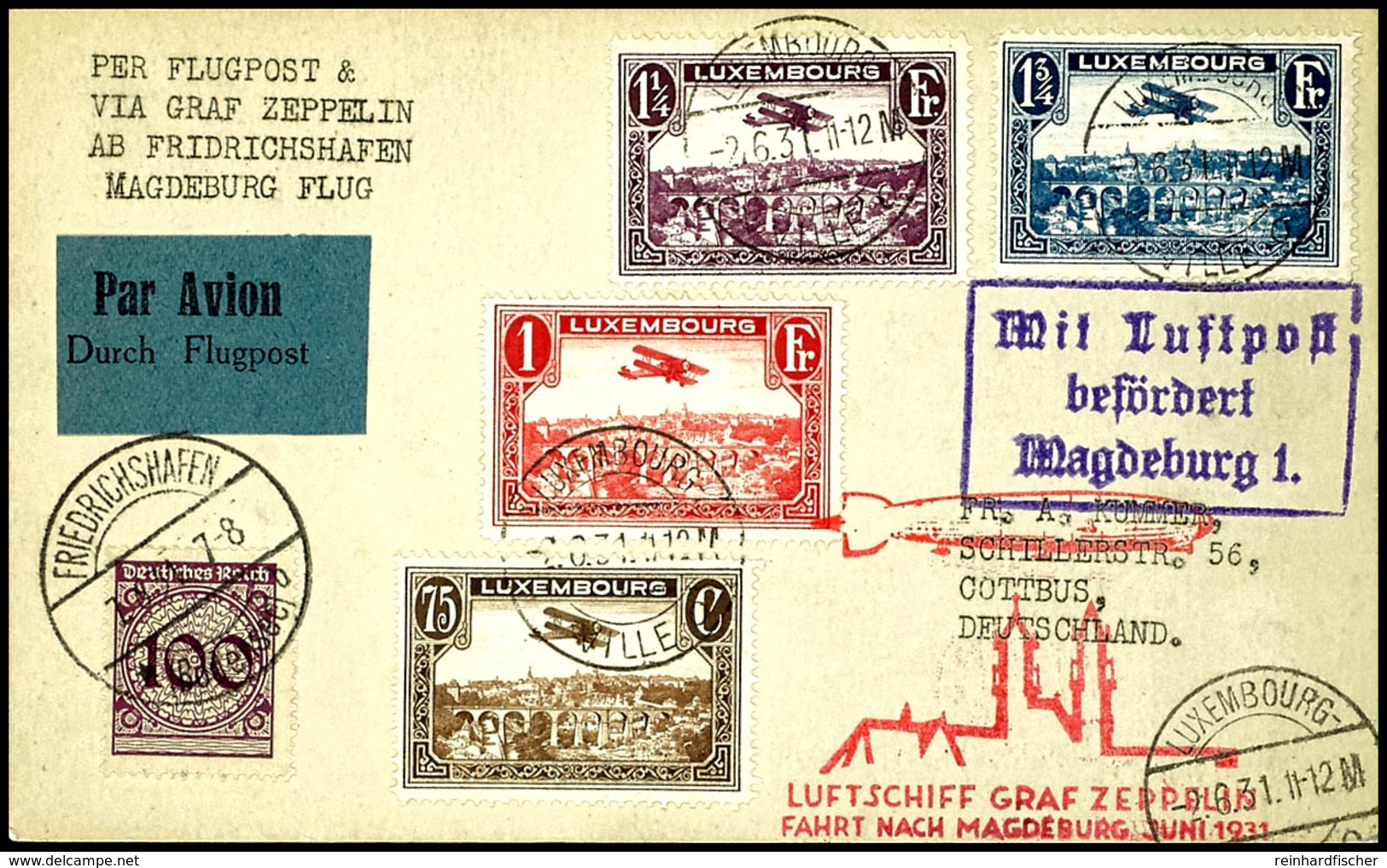 Luxemburg: 1931, Landungsfahrt Nach Magdeburg, Auflieferung Friedrichshafen, Karte Aus LUXEMBOURG 2.6. Mit Kpl. Flugpost - Other & Unclassified