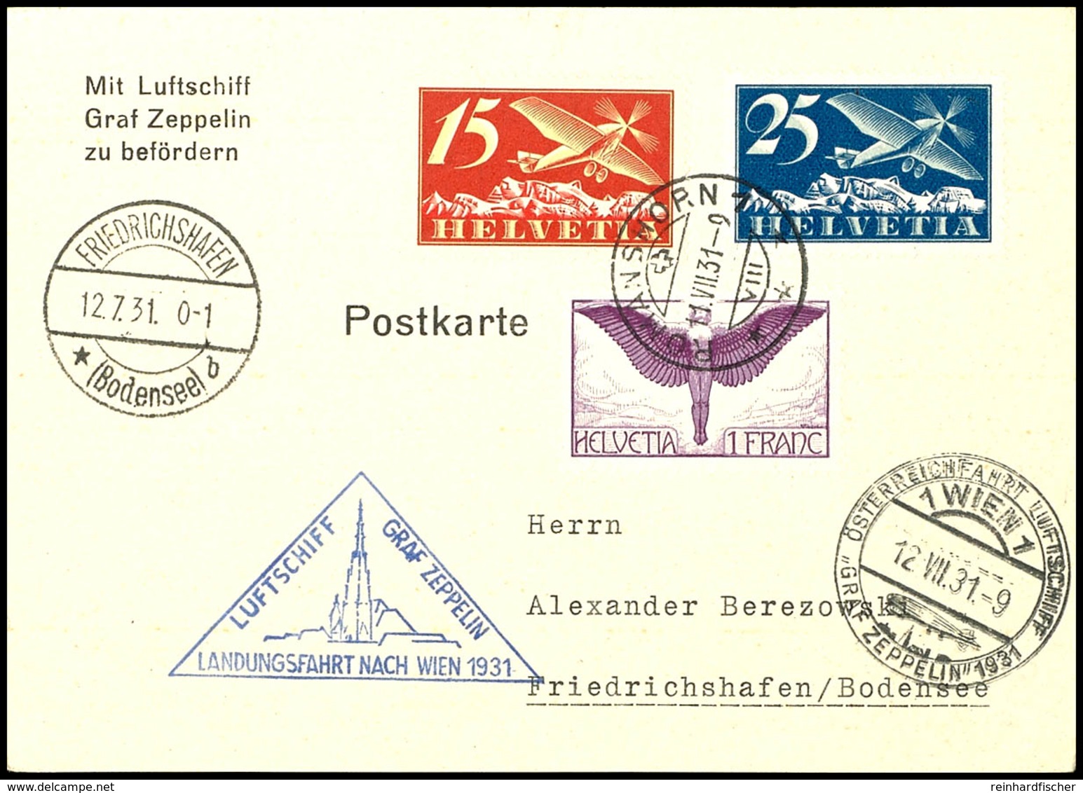 Schweiz: 1931, Landungsfahrt Nach Wien, Karte Aus ROMANSHORN 11.VIII Mit Guter Flugpostfrankatur, Adressiert Nach Friedr - Altri & Non Classificati