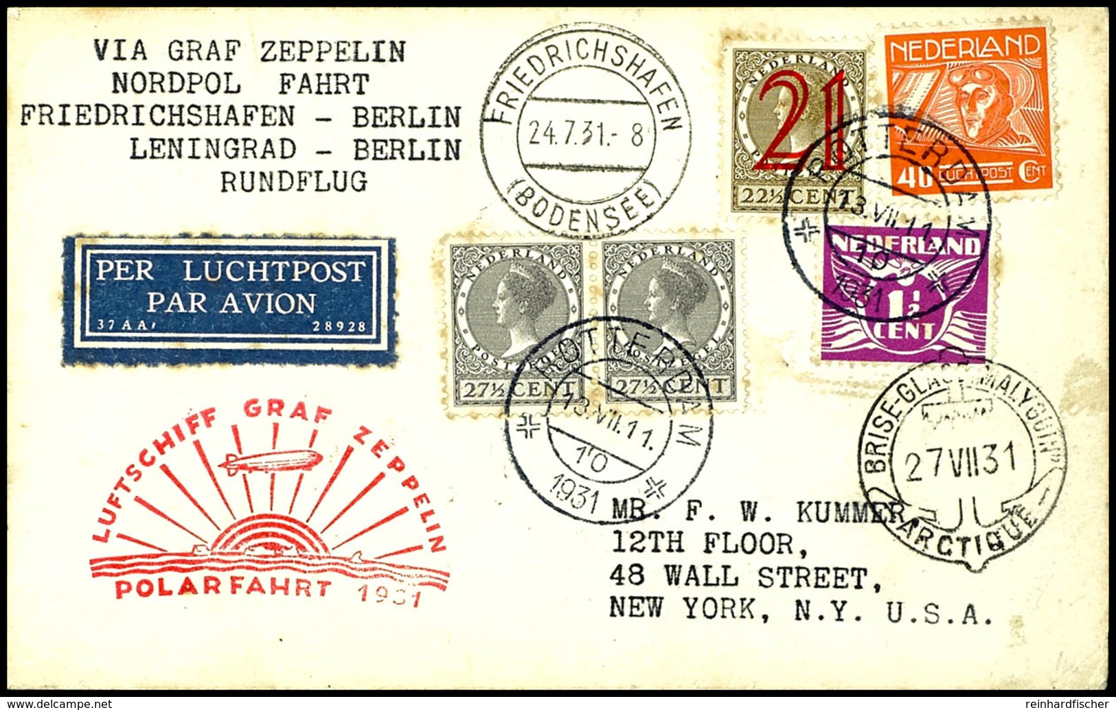 Niederlande: 1931, Polarfahrt, Auflieferung Friedrichshafen Bis D. Malygin, Karte Aus ROTTERDAM 13.VII. Mit Bunter Frank - Other & Unclassified