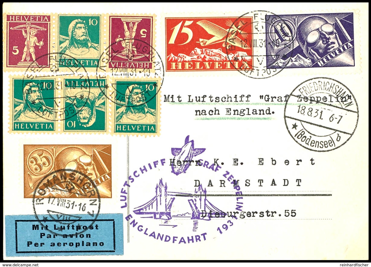 Schweiz: 1931, Englandfahrt, Auslieferung Friedrichshafen, Karte Aus BASEL 12.VIII. Mit Bunter Frankatur (ein Wert In RO - Altri & Non Classificati