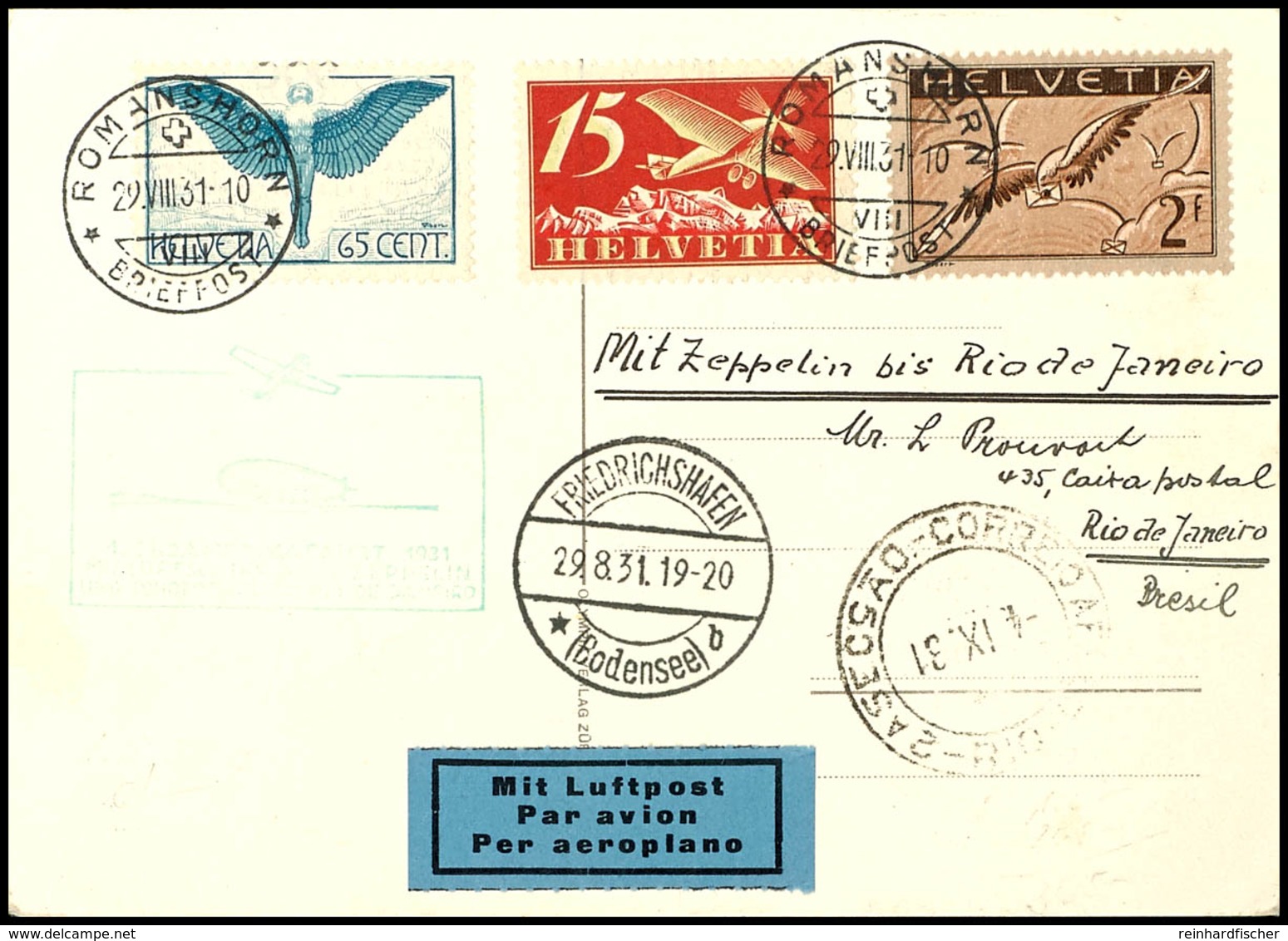 Schweiz: 1931, 1. Südamerikaflug, Auflieferung Friedrichshafen Bis Rio De Janeiro, Karte Aus ROMANSHORN 29.VIII. Mit Flu - Other & Unclassified