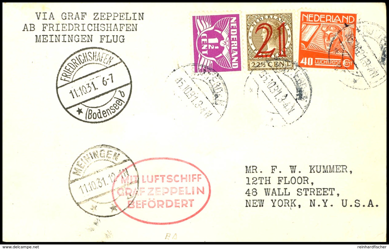 Niederlande: 1931, Fahrt Nach Meiningen Mit Auflieferung Friedrichshafen, Karte Aus ROTTERDAM 5.10. Mit U.a. 40 C. Flugp - Sonstige & Ohne Zuordnung