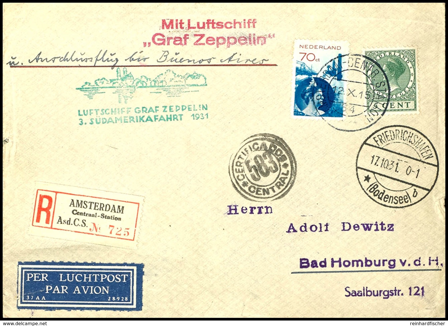 Niederlande: 1931, 3. Südamerikafahrt, Auflieferung Friedrichshafen, R-Brief Aus AMSTERDAM-CENTR.-STATION 12.X. Mit U.a. - Altri & Non Classificati