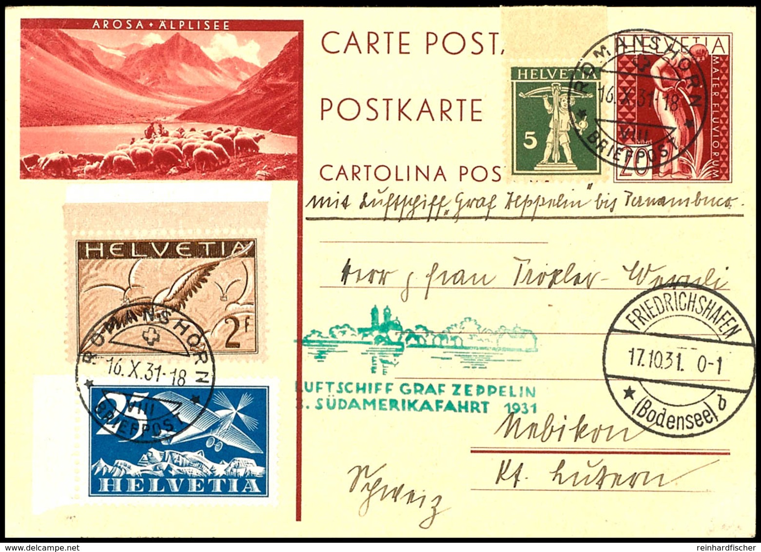Schweiz: 1931, 3. Südamerikafahrt, Auflieferung Friedrichshafen Bis Recife, 20 C. Bild-Ganzsachenkarte Mit Guter Zufrank - Other & Unclassified