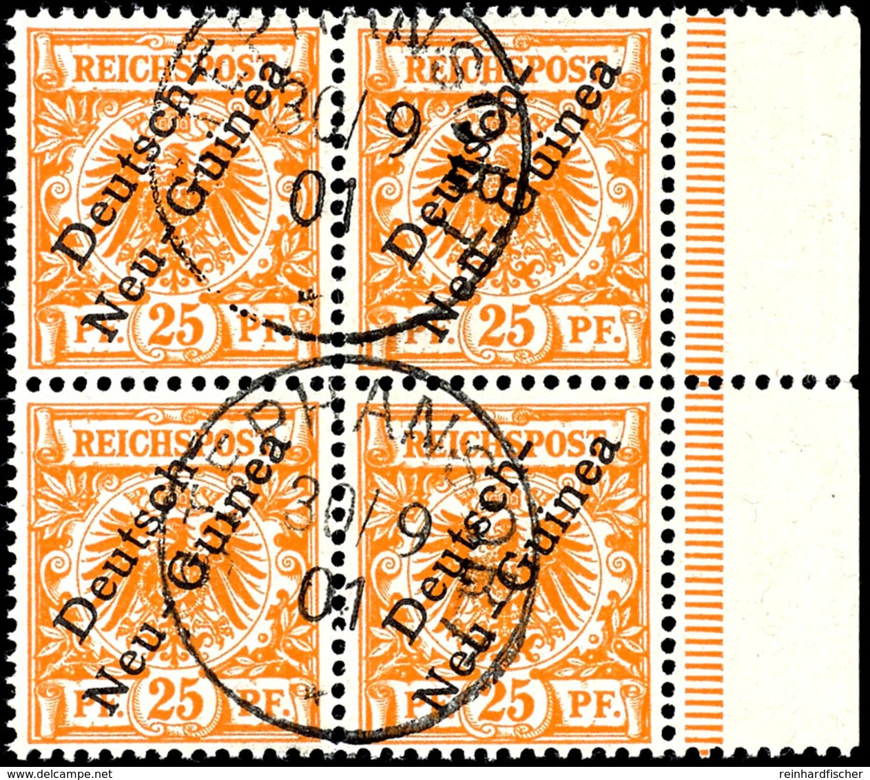 25 Pfg. Gelblichorange, 4 Er  - Block Vom Rechten Bogenrand, Gestempelt "STEPHANSORT 30.9.01", Katalog: 5a O - German New Guinea