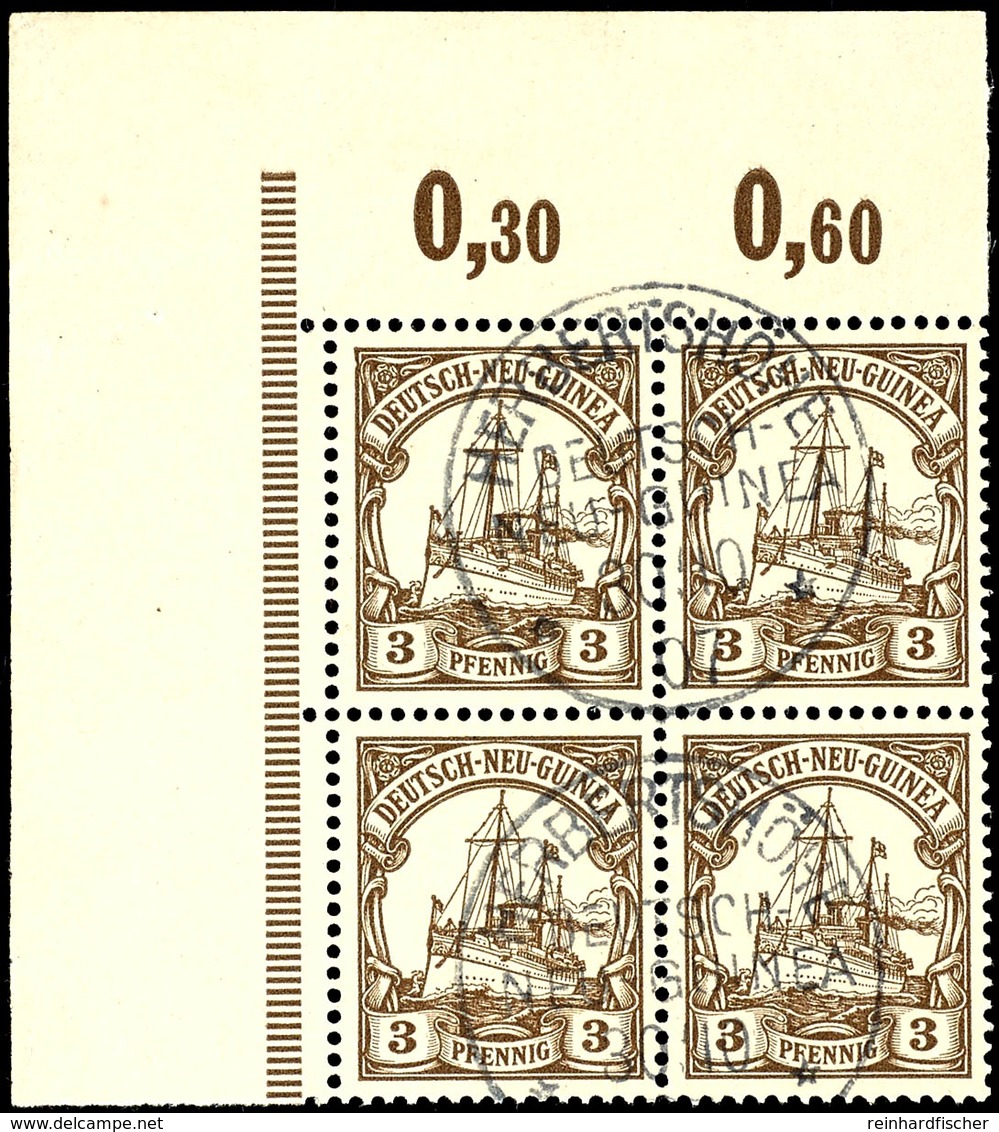 3 Pfg Schiffszeichnung, Nicht Gelisteter Plattenfehler Auf Feld 1 "Delle In Linken Rand Oben", Linker Oberer Eckrand-4er - German New Guinea