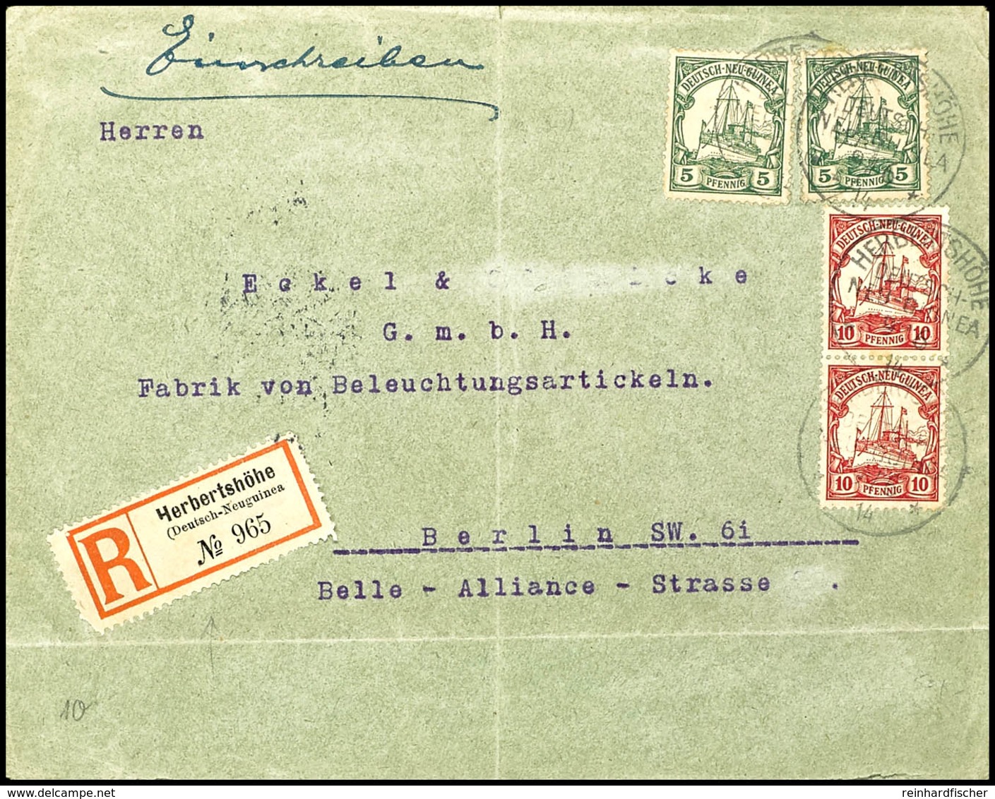 5 Pfg (2) Und 10 Pfg (2) Kaiseryacht Auf Einschreibebrief, Stempel HERBERTSHÖHE 9/6 14, Nach Berlin. R-Zettel Einfeldt T - German New Guinea