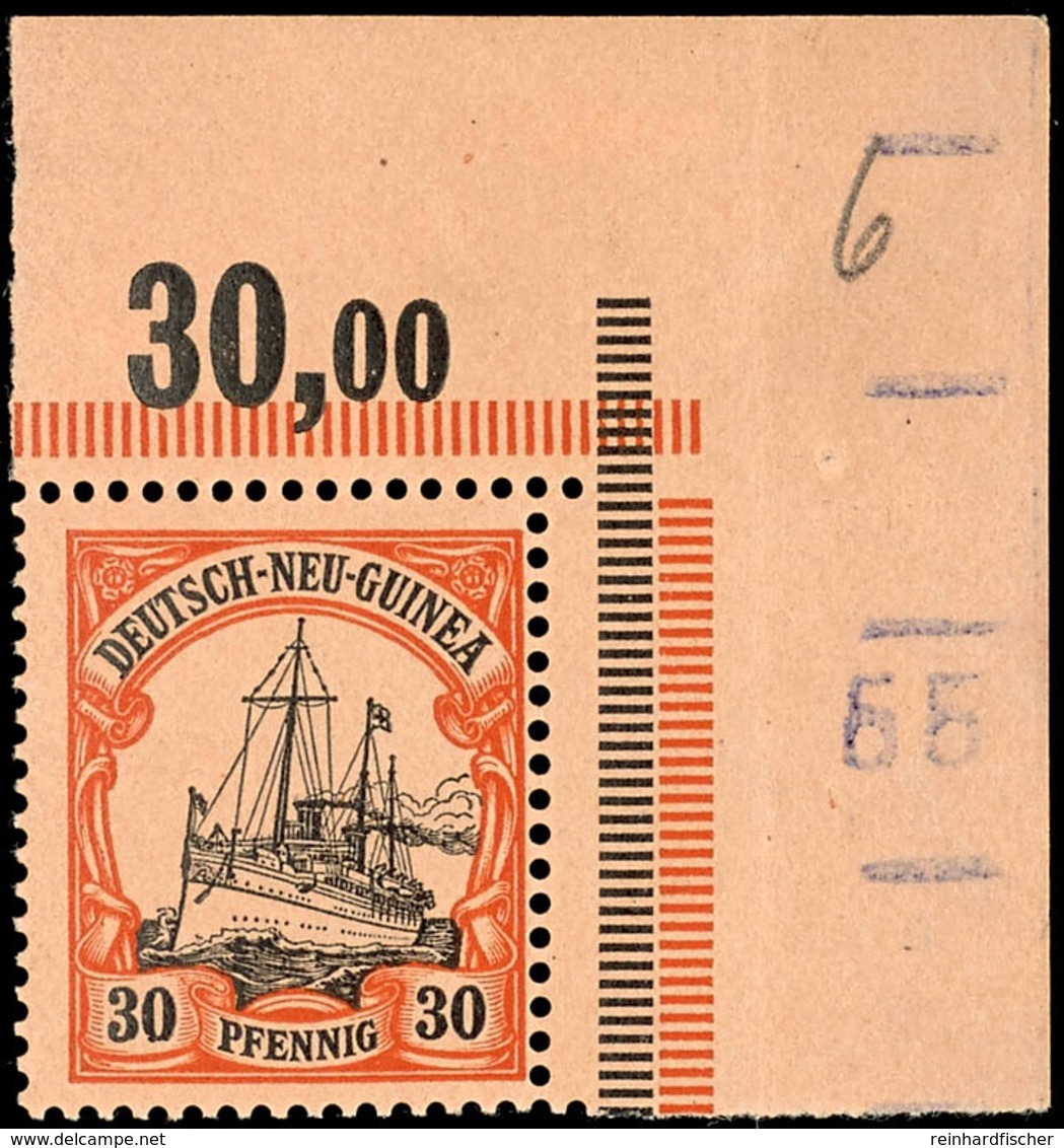 30 Pfg. Kaiseryacht Aus Der Rechten Oberen Bogenecke Mit Paginiernummer, Postfrisch, Im Rand Falzspur, Katalog: 12 ** - German New Guinea