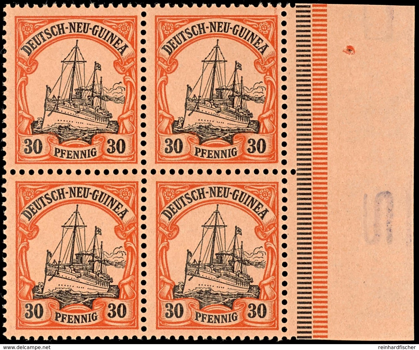 30 Pfg. Kaiseryacht, Postfrischer 4 Er - Block Vom Rechten Bogenrand, Katalog: 12 ** - German New Guinea