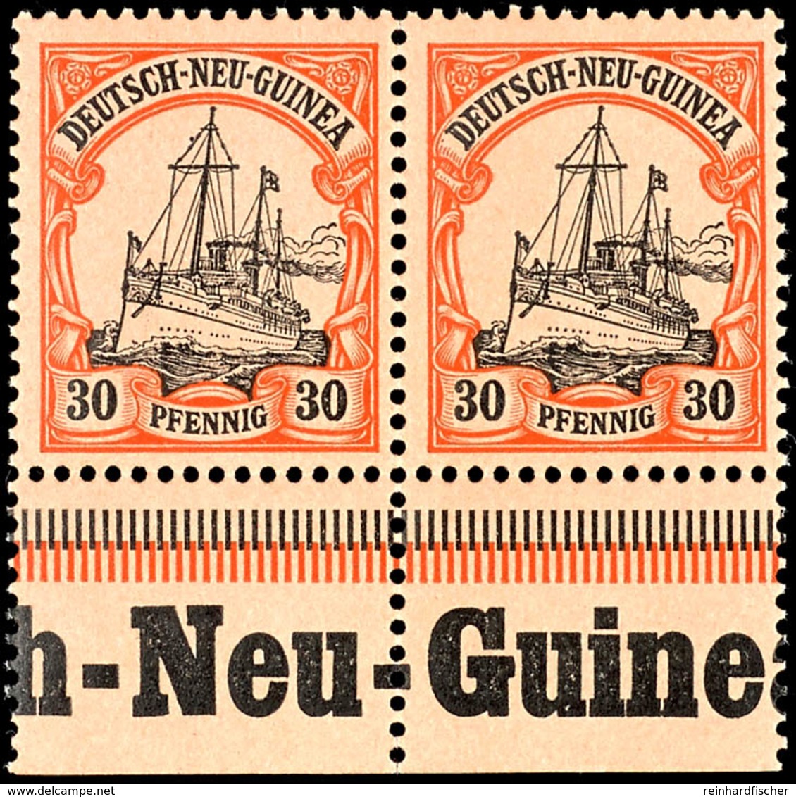 30 Pfg Schiffszeichnung, Nicht Gelisteter Plattenfehler Auf Feld 94 "Farbpunkt Unter Rechter 30", Waager. Unterrandpaar, - German New Guinea