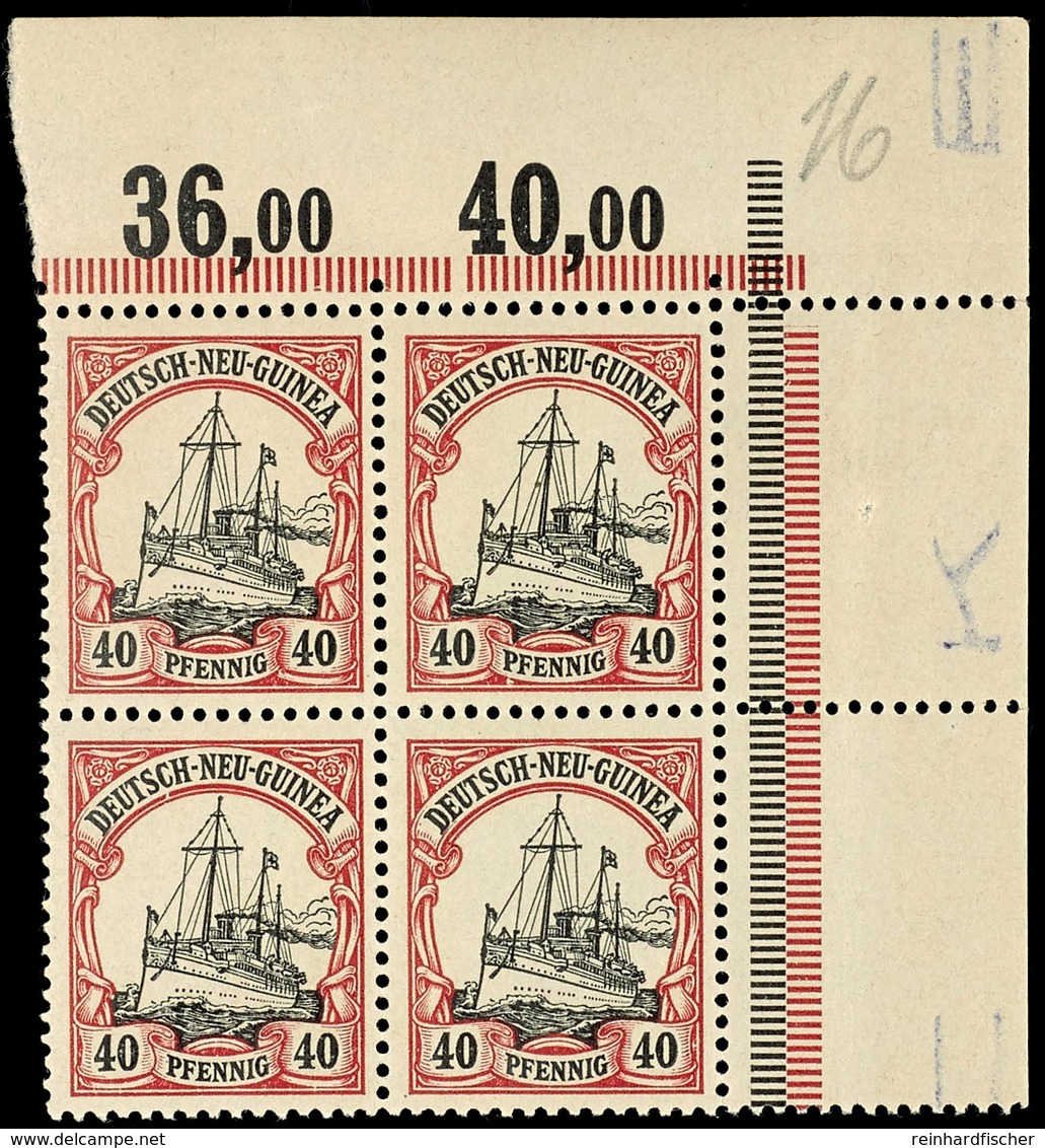 40 Pfg. Kaiseryacht, Postfrischer 4 Er - Block Aus Der Rechten Oberen Bogenecke, Katalog: 13 ** - German New Guinea