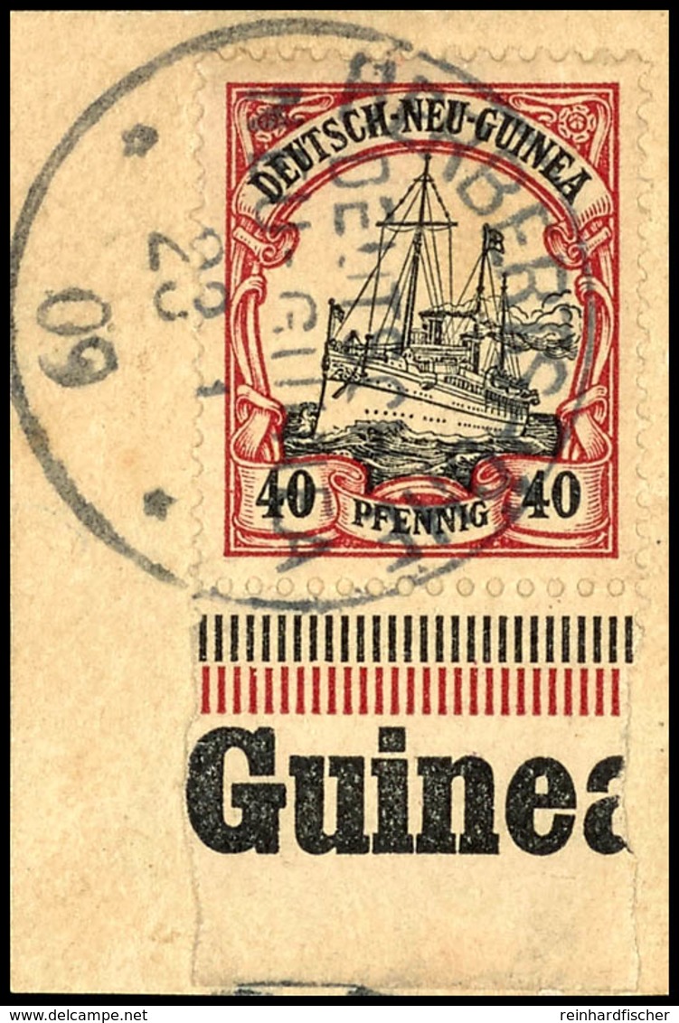 40 Pfg Schiffszeichnung, Nicht Gelisteter Plattenfehler "zusätzlicher Strich Rechts An Dampffahne", Unterrandstück Mit T - German New Guinea