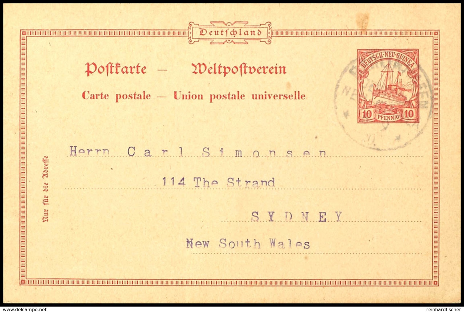 10 Pfg Karte, Stempel BERLINHAFEN DNG -/9/10 Nach Sydney/New South Wales (Text Betrifft Den Versand Von Lebenden Vögeln) - German New Guinea