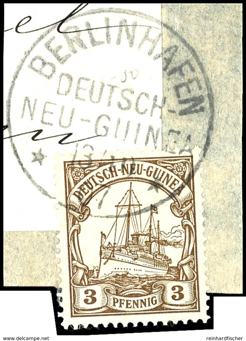 BERLINHAFEN 13/10 07, Aushilfsmonatszahl "10", Klar Auf Briefstück 3 Pfg Schiffszeichnung, Katalog: 7BS BS - German New Guinea