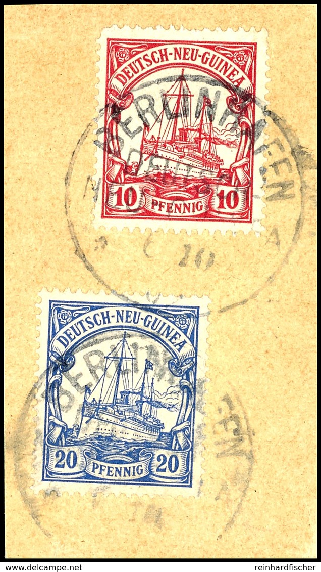 BERLINHAFEN 6/10 07, Aushilfsmonatszahl "10", Klar Auf Briefstück 10 Und 20 PfgSchiffszeichnung (10 Pfg 1 Ecke Min. Stum - German New Guinea