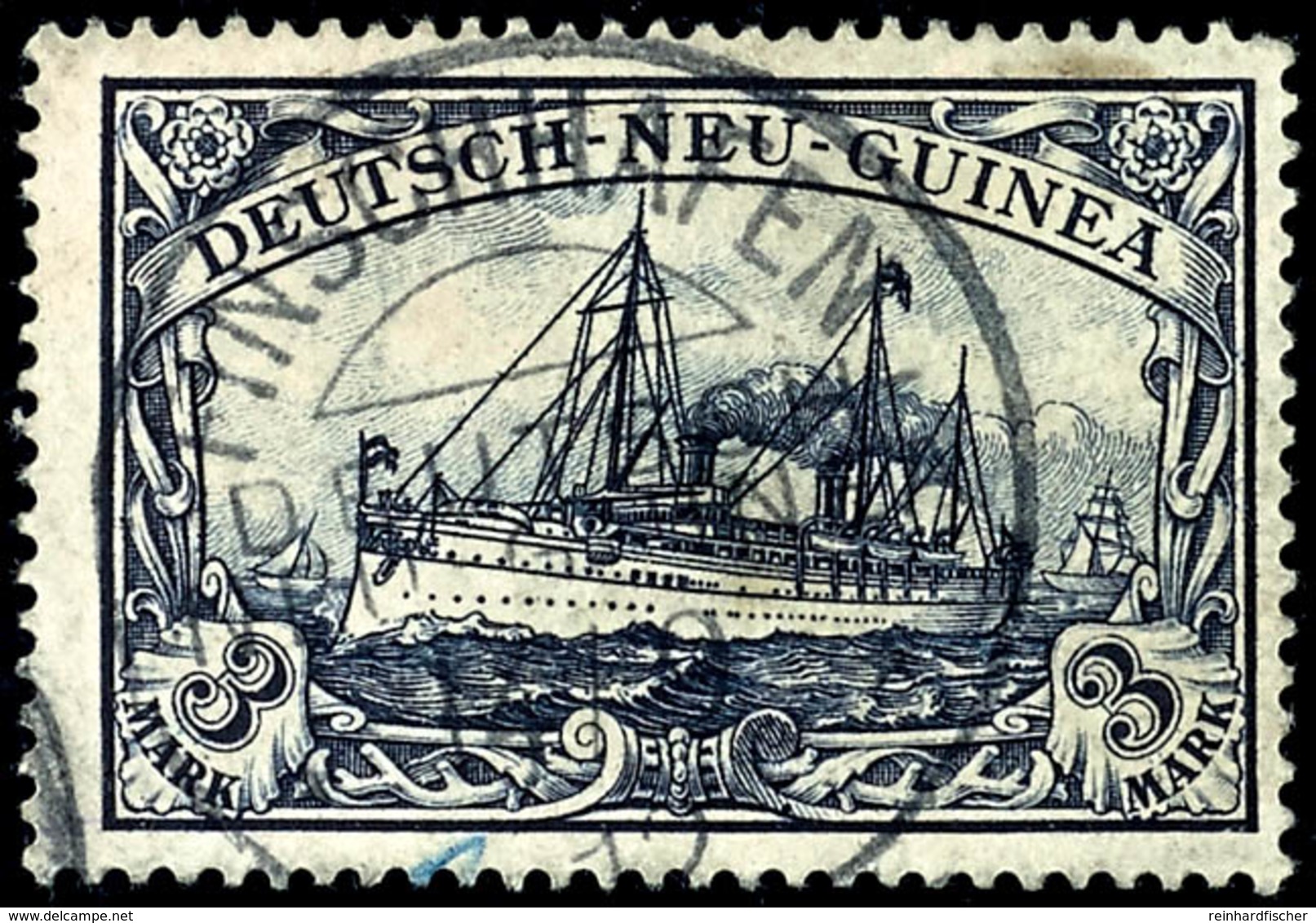 FINSCHHAFEN DNG 14/9 12, Klar Und Zentr. Auf 3 Mk. Kaiseryacht (1 Eckzahn Stumpf), Katalog: 18 O - German New Guinea