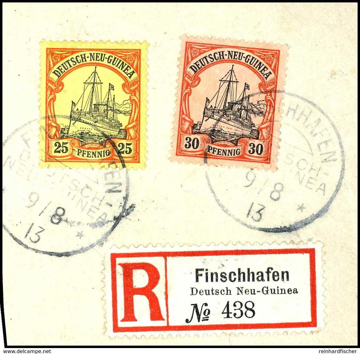 FINSCHHAFEN DNG 9/8 13, Je Klar Auf Briefstück Mit  25 Und 30 Pfg Schiffzeichnung Und R-Zettel, Sign. Pauligk, Katalog:  - German New Guinea