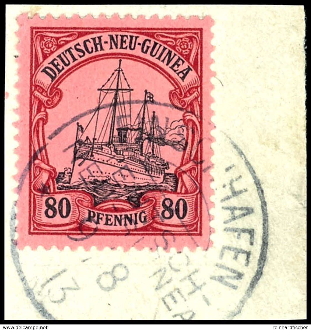 FINSCHHAFEN DNG 9/8 13, Je Klar Und Zentr. Auf 2 Briefstücken 50 Und 80 Pfg Kaiseryacht, Je Sign. Pauligk, Katalog: 14/1 - German New Guinea