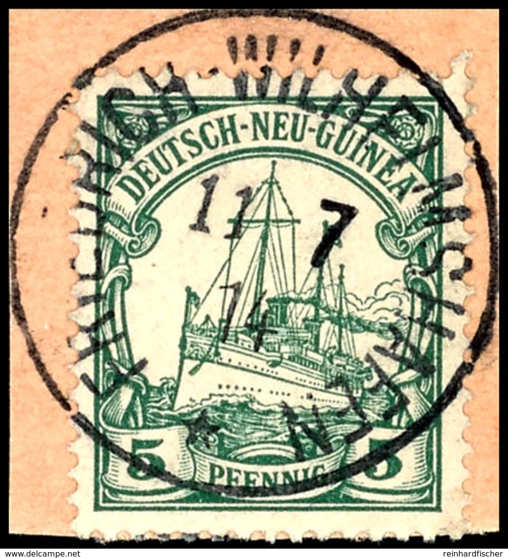 FRIEDRICH-WILHELMSHAFEN 11/7 14, Ideal Klar Und Zentr. Auf Briefstück 5 Pfg Schiffszeichnung, Kriegspost!, Katalog: 8 BS - German New Guinea