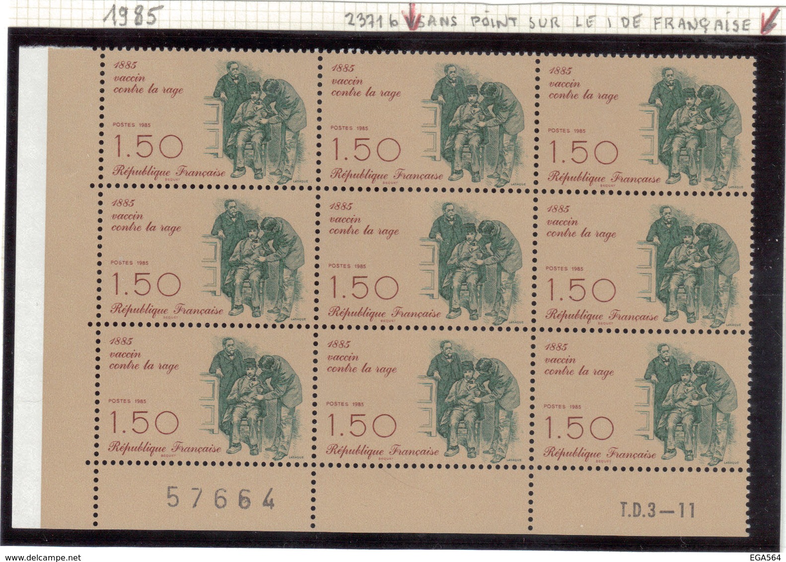 CP052 - FRANCE PO 2371a X 2 Exemplaires Dans Bloc De 9 Coin De Feuille. Vaccin Contre La Rage. Pasteur Est Debout. - Nuovi