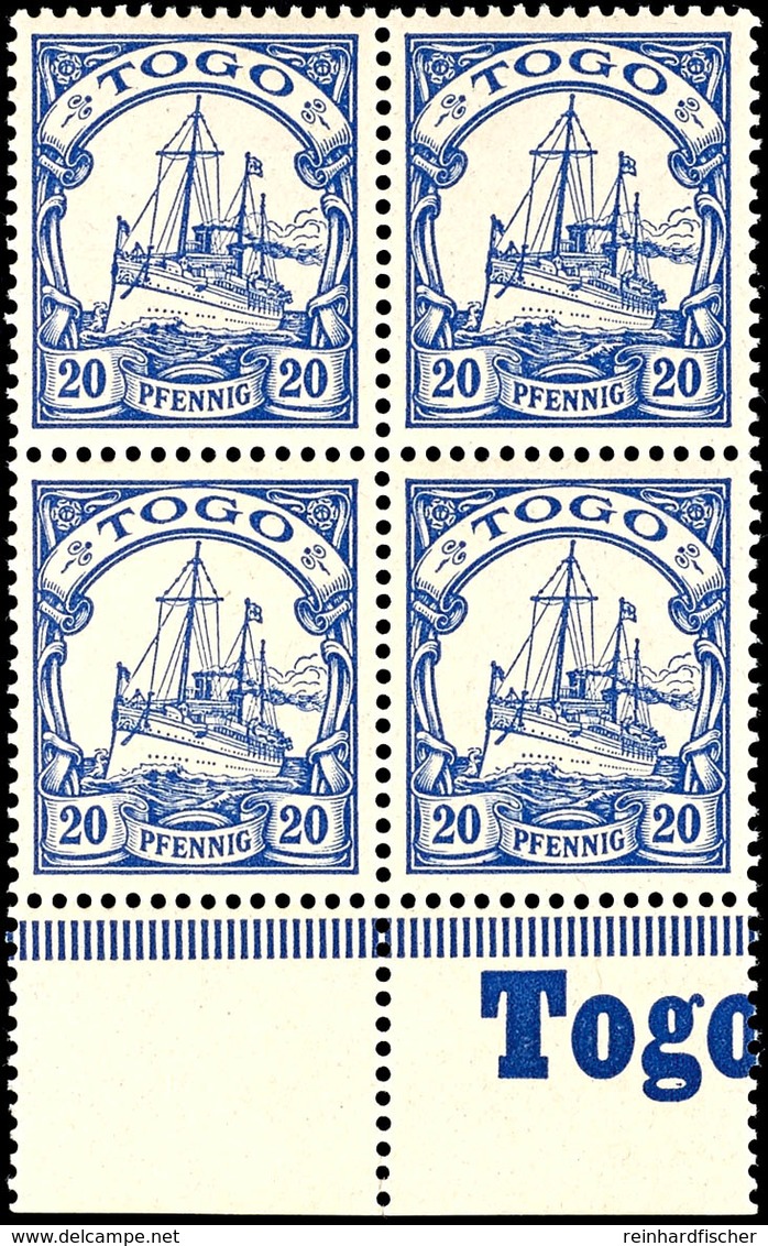 20 Pfg. Kaiseryacht, 4 Er - Block Vom Bogenunterrand Mit Inschrift "Togo", Postfrisch, Katalog: 10 ** - Togo