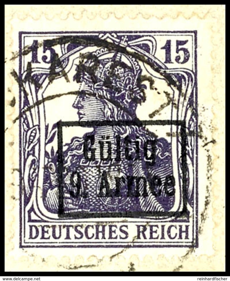 15 Pfennig Germania Dunkelviolett Mit Schwarzem Bdr.-Aufdruck, Tadellos Gestempelt Auf Briefstück, Fotobefund Wasels BPP - Altri & Non Classificati