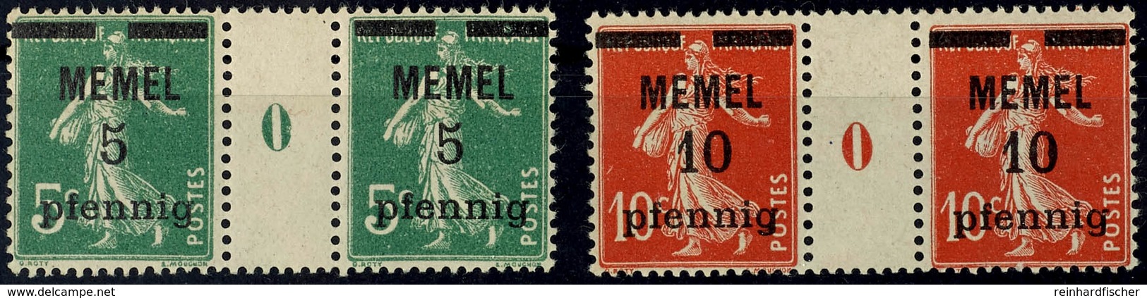 5 Pf A. 5 C. Säerin B-Farbe Und 10 Pf A. 10 C. Säerin Y-Papier, Zwei Postfrische Zwischenstegpaare Mit Ms "0", Je Gepr.  - Klaipeda 1923