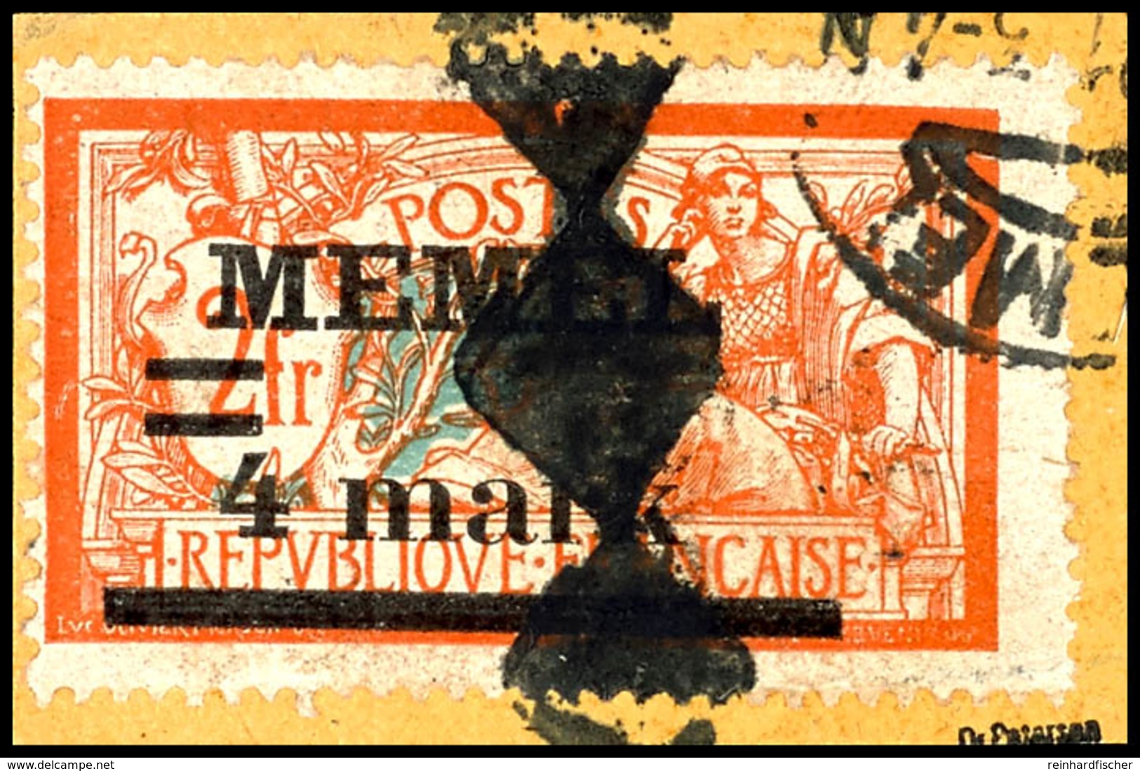 4 M Auf 2 Fr., Type I Mit Aufdruckfehler " Querbalken Der Wertziffer 4 Verdickt", Mit Ortsstempel Und Korkstempel Auf Pa - Klaipeda 1923