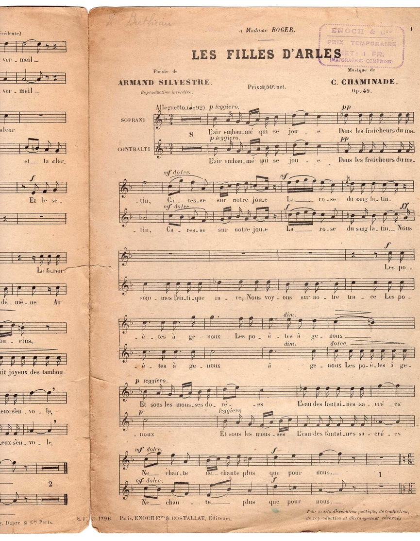 CAF CONC CHOEUR VOIX FEMMES PARTITION LES FILLES D'ARLES ARMAND SILVESTRE CÉCILE CHAMINADE OPUS 49 1895 - Autres & Non Classés