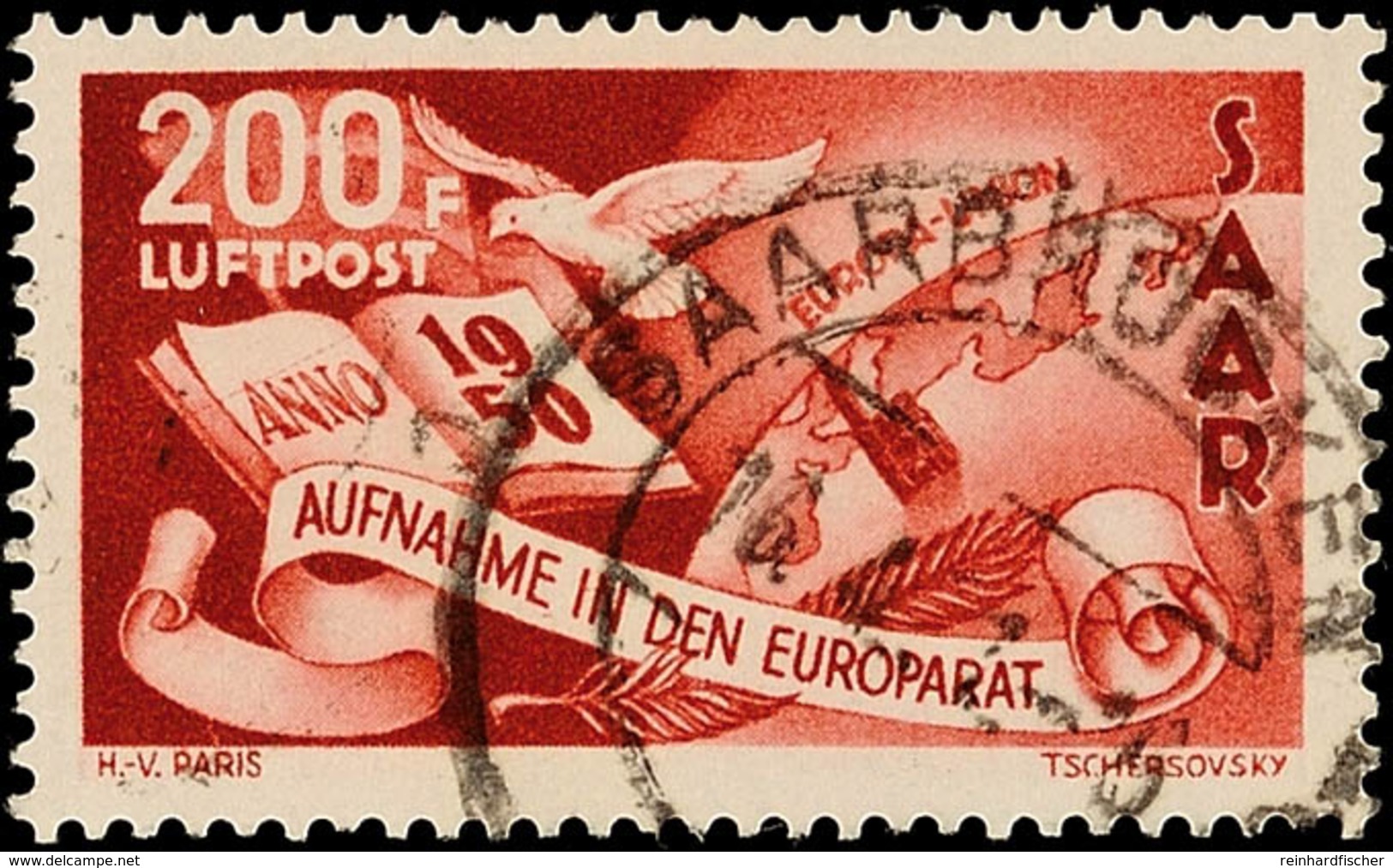 200 Fr. Europarat, "Farbstrich über ANNO", Gestempelt "SAARBRÜCKEN", Gepr. C.Ney, Mi. 900,-, Katalog: 298II O - Altri & Non Classificati