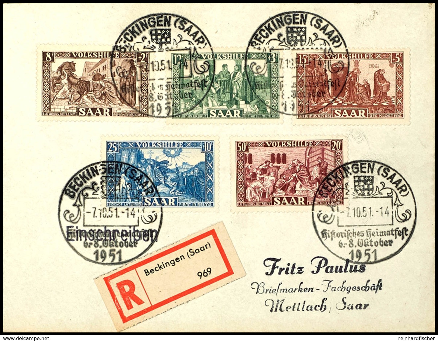 8 Fr. - 50 Fr. Kpl. Auf R-Satz-Brief Von "BECKINGEN 7.10.51" Nach Mettlach Mit Rückseitigem Ankunftsstempel, Tadellose E - Altri & Non Classificati