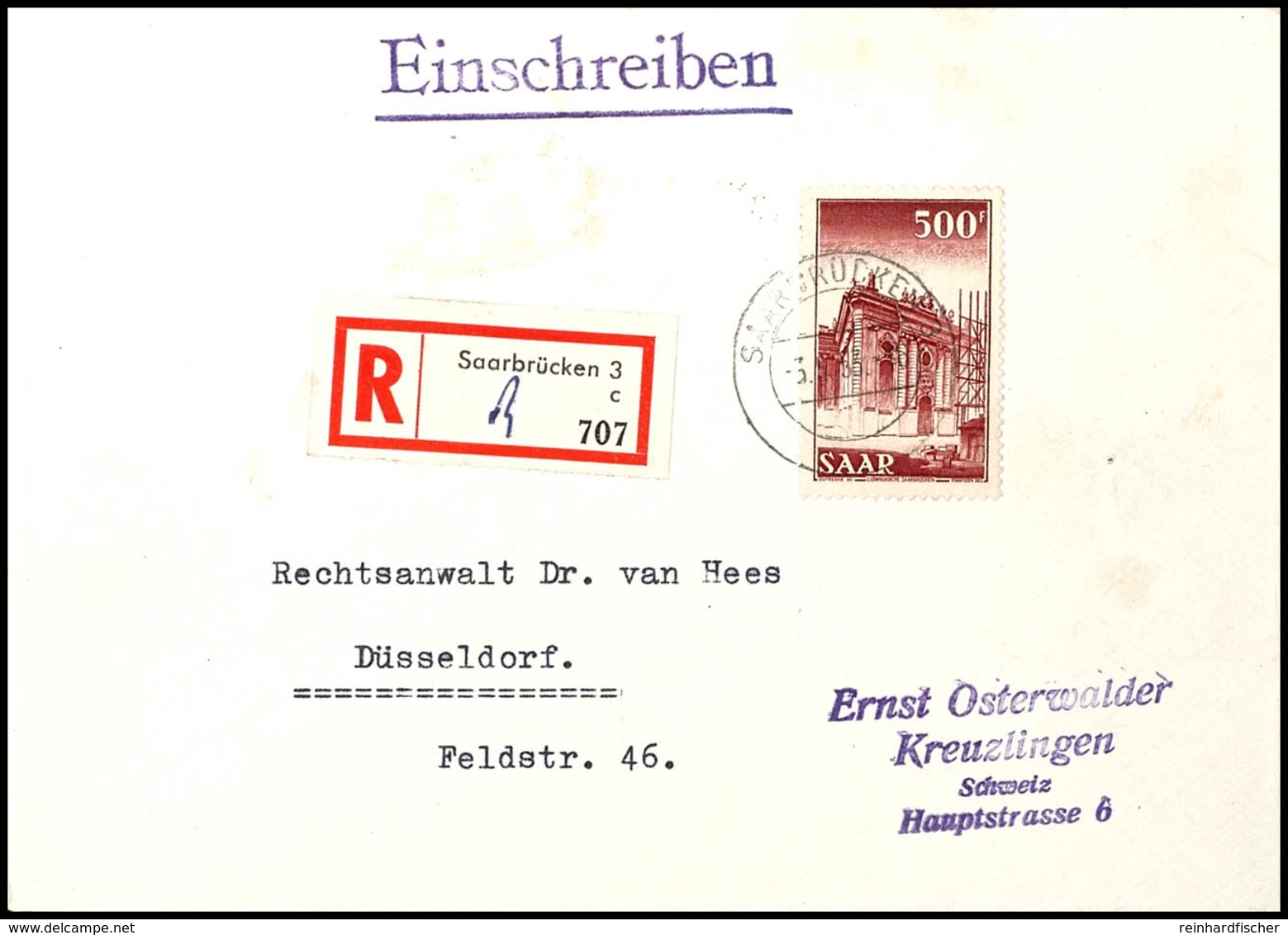 500 F. Freimarke Auf R-Brief Von SAARBRÜCKEN 3 3.8.53 Nach Kreuzlingen / Schweiz Mit Ankunftsstempel, Tadellos, Umschlag - Altri & Non Classificati