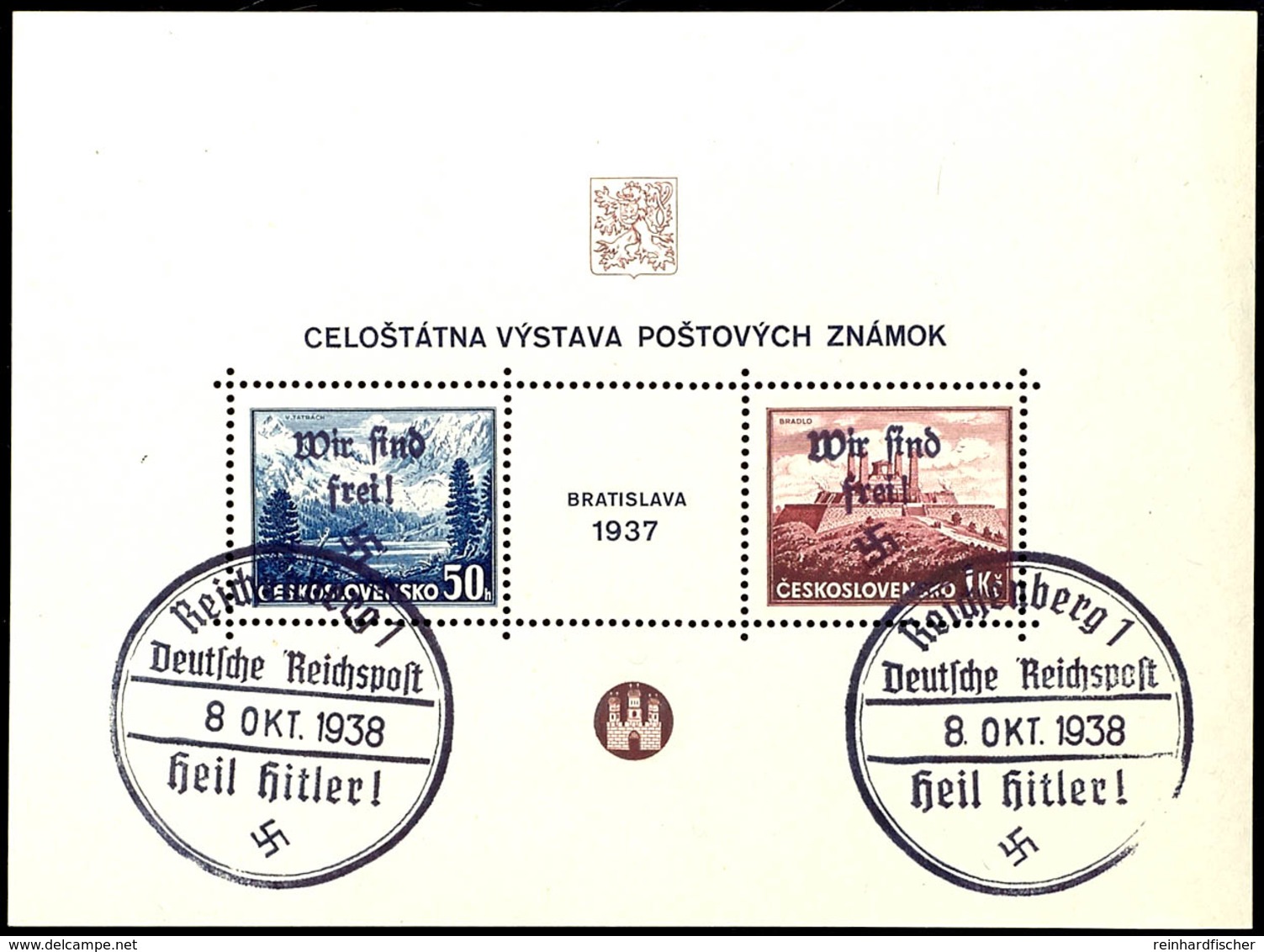 Blockausgabe "Briefmarkenausstellung Bratislava", Gestempelt "REICHENBERG 1 / Deutsche Reichspost / -8.X.1938", Leichter - Other & Unclassified