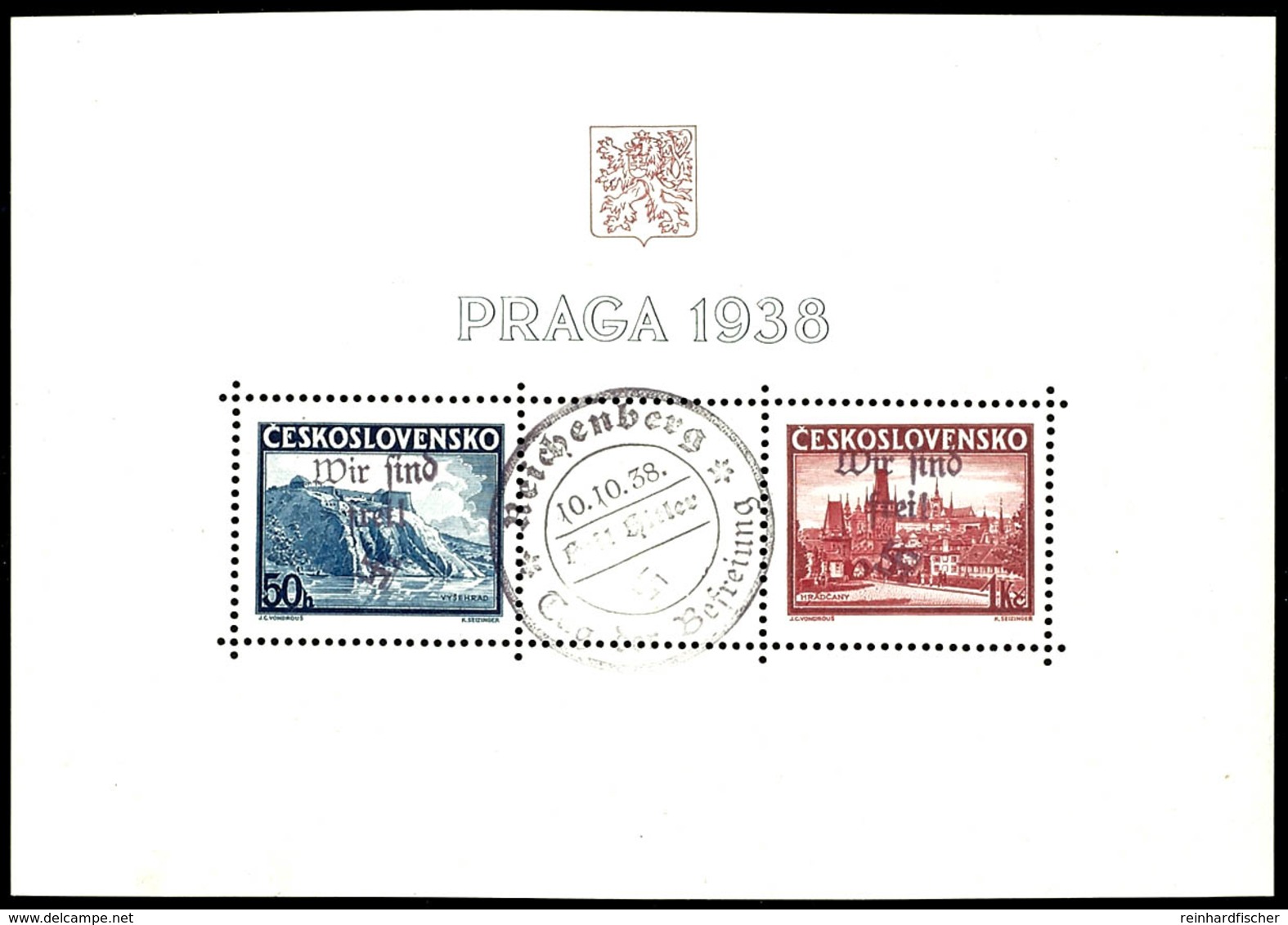 Blockausgabe Briefmarkenausstellung Praga Mit Zentrischem Sonderstempel "Reichenberg / Tag Der Befreiung 10.10.38", Die  - Other & Unclassified