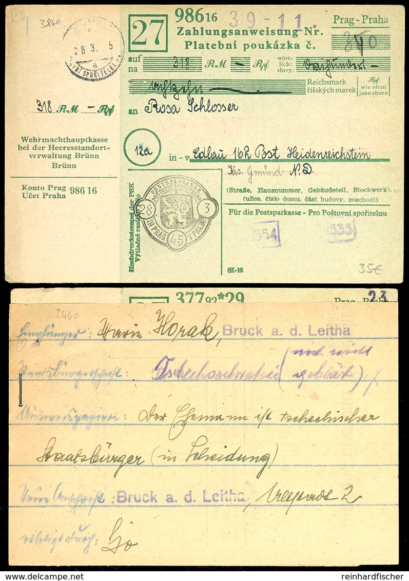 ÜBERROLLER: 2 Zahlungsanweisungen Des Postscheckamts Prag Aus Den Letzten Monaten Des Krieges (22. Bzw. 28.3.45) In Die  - Boehmen Und Maehren