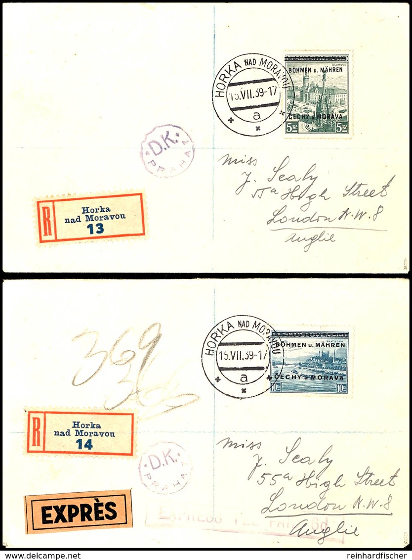 5 H. - 20 K. Freimarken, 18 Werte Komplett Auf 5 R- Bzw. Express-FDCs Von "HORKA NAD MORAVO 15.VII.39" Nach London, Beda - Boehmen Und Maehren