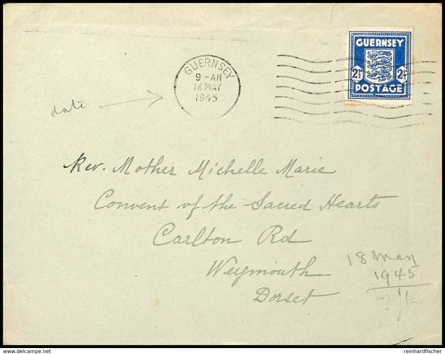 2 1/2 D Mittelultramarin Auf Nachläufer-Brief Von "GUERNSEY 18 MAY 1945" (nach Der Kapitulation) Nach Weymouth / Großbri - Other & Unclassified