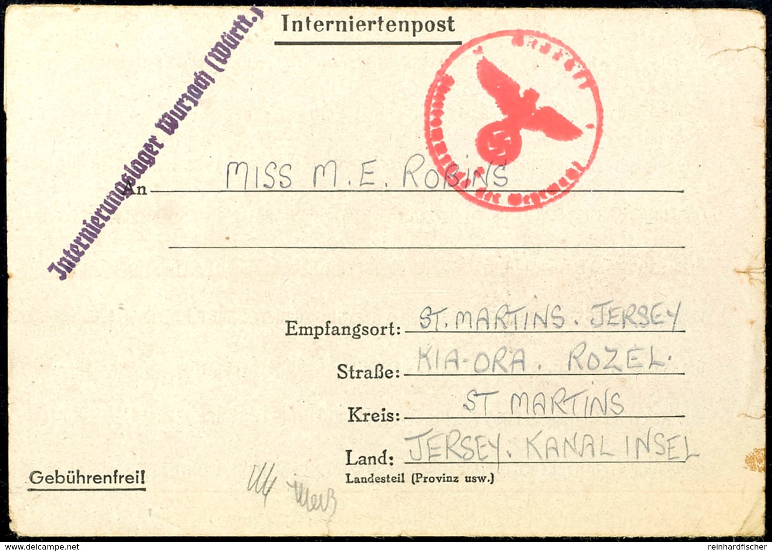 INCOMING MAIL: 11.07.43, Formbrief Einer Internierten Des Lagers Wurzach/Allgäu  Nach St. Martins/Jersey Mit Zensurstemp - Tweede Wereldoorlog