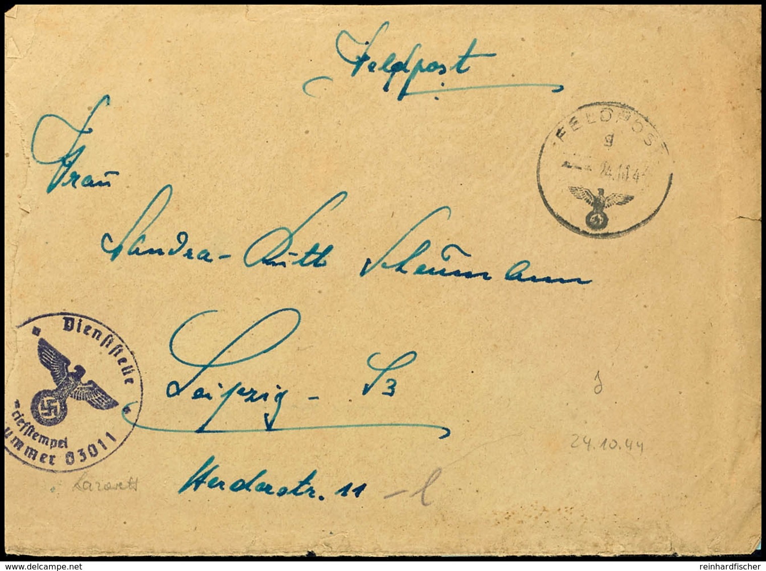 24.10.44, Festungs-Feldpostbrief Mit Normstempel "g 24.10.44" Der Dienstelle 03011 Nach Leipzig, Beförderungsspuren, Int - 2° Guerra Mondiale