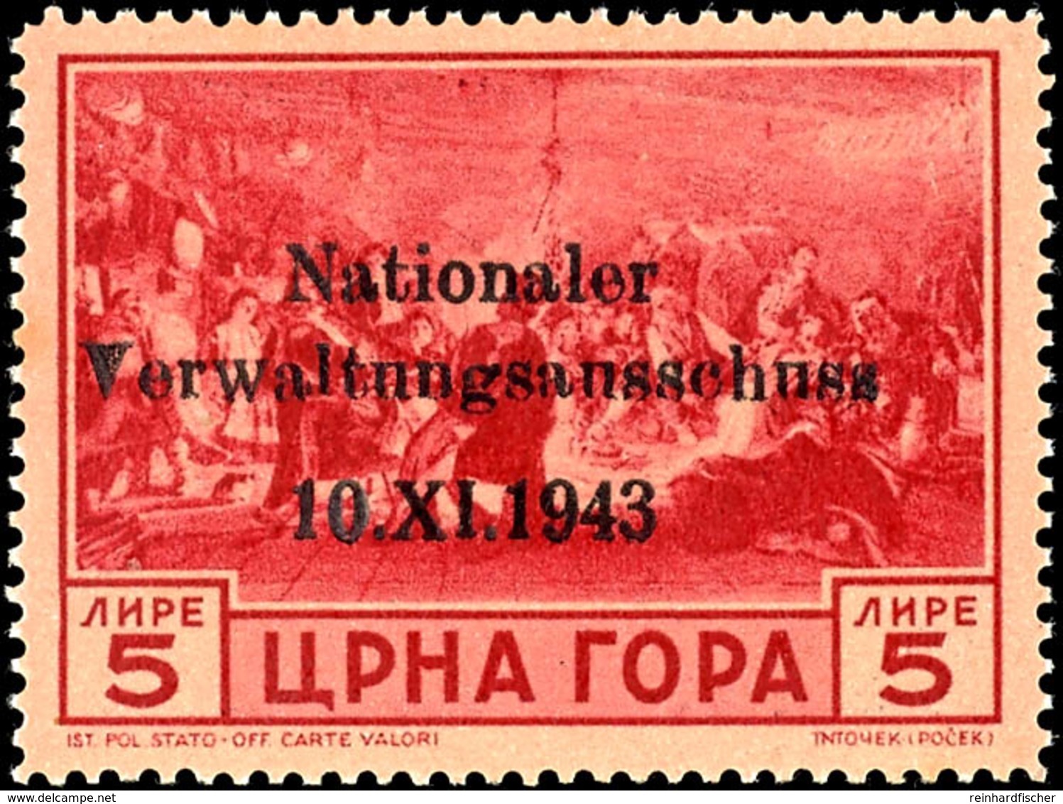 5 Lire Verwaltungsausschuss, Tadellos Postfrisches Kabinettstück, Gepr. Krischke BPP, Mi. 600.-, Katalog: 14 ** - German Occ.: Montenegro