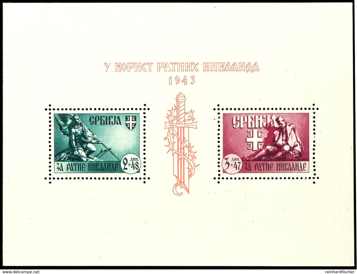 Block 4 In Postfrischer Erhaltung Mit Dem Plattenfehler "rote Linien Im A über 1 Von 1943 In Der Blockinschrift Unterbro - Serbia