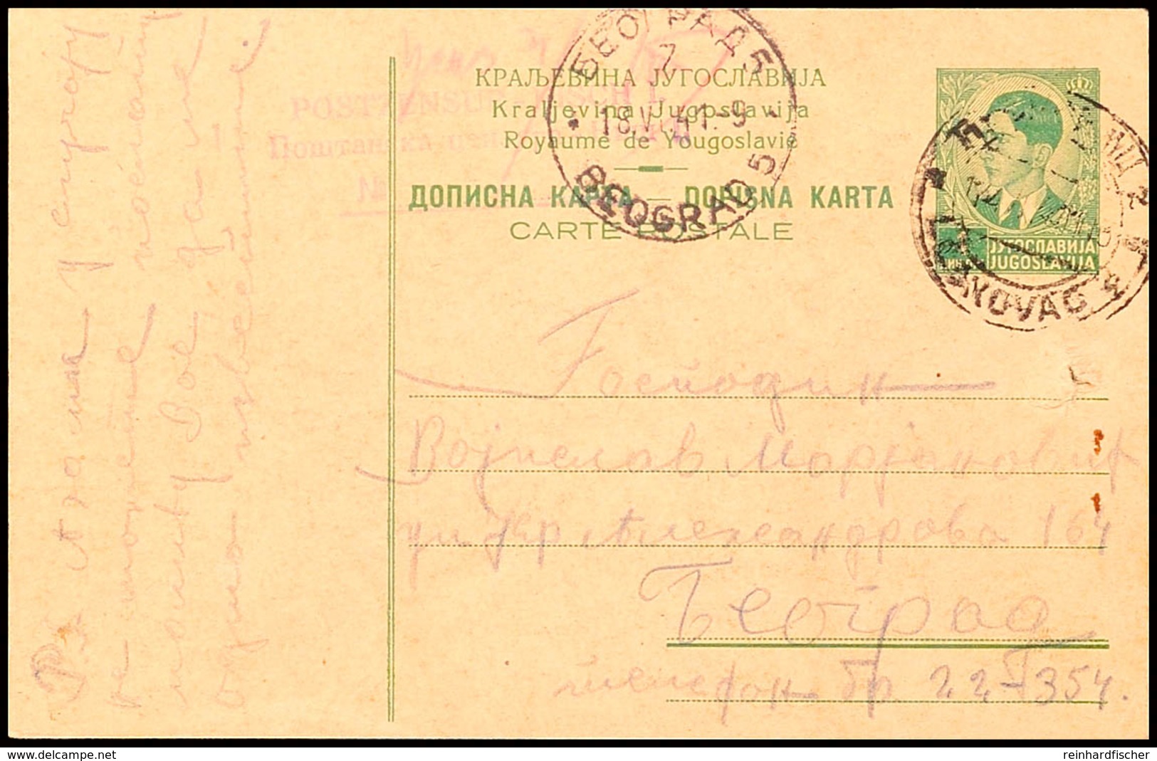 1 Din. Ganzsachenkarte Mit DKr. "LESKOVAC 2 / 14.VI.41" Und Sehr Seltenem Zensurstempel "POSTZENSUR - NISCH I" Der Zensu - Other & Unclassified