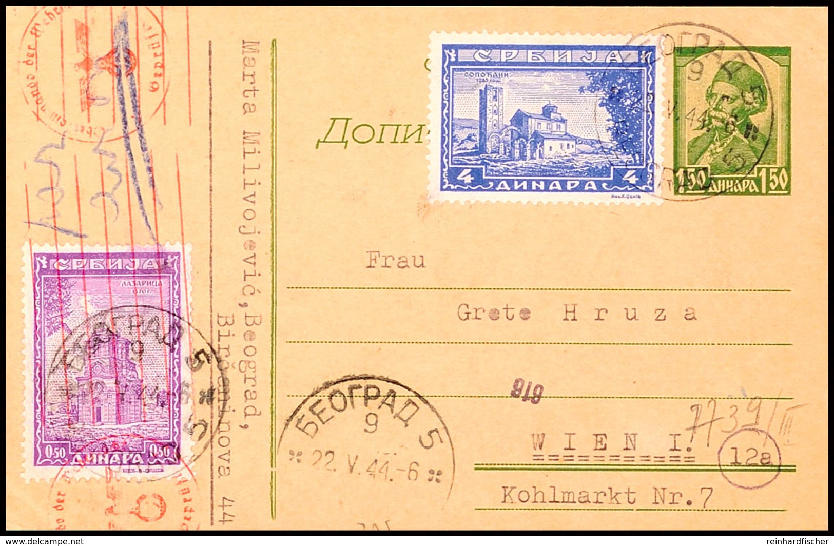 1,50 Din. Ganzsachenkarte Mit Zusatzfrankatur 0,50 Din. Und 4 Din. Mit EKr. "BEOGRAD 5 / 22.V.44" Als Portogerechte Luft - Altri & Non Classificati