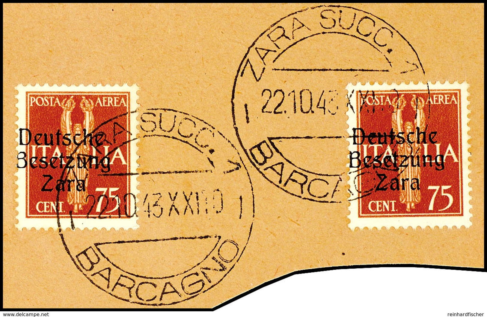 75 Cent Flugpostmarke Mit Aufdruck In Type I (2) Auf Briefstück Mit Entwertung "ZARA SUCC. 1 - BARCAGNO - / 22.10.43 XXI - German Occ.: Zara